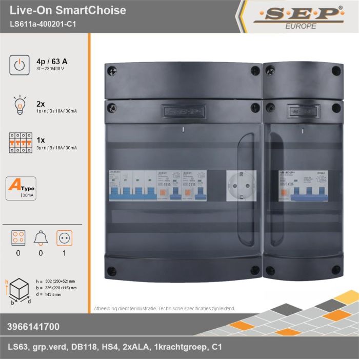 SEP Europe - Live-On SmartChoise, LS611a-400201-C1, 63A, 3-fase groepenkast, 2-lichtgroepen, 1-krachtgroepen,  1V-contactdoos, technische gegevens