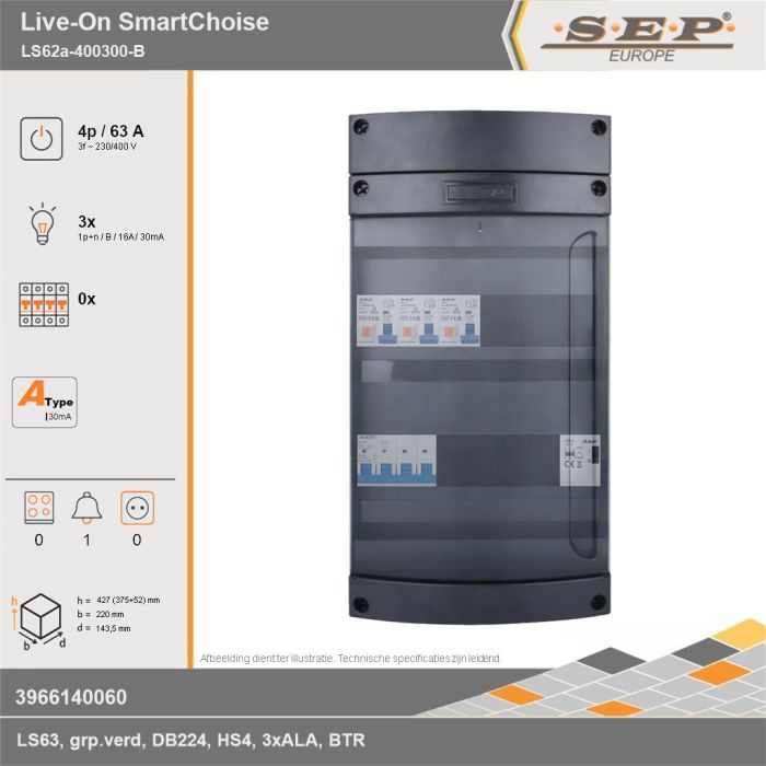 SEP Europe - Live-On SmartChoise, LS62a-400300-B, 63A, 3-fase groepenkast, 3-lichtgroepen, 1-beltrafo, technische gegevens