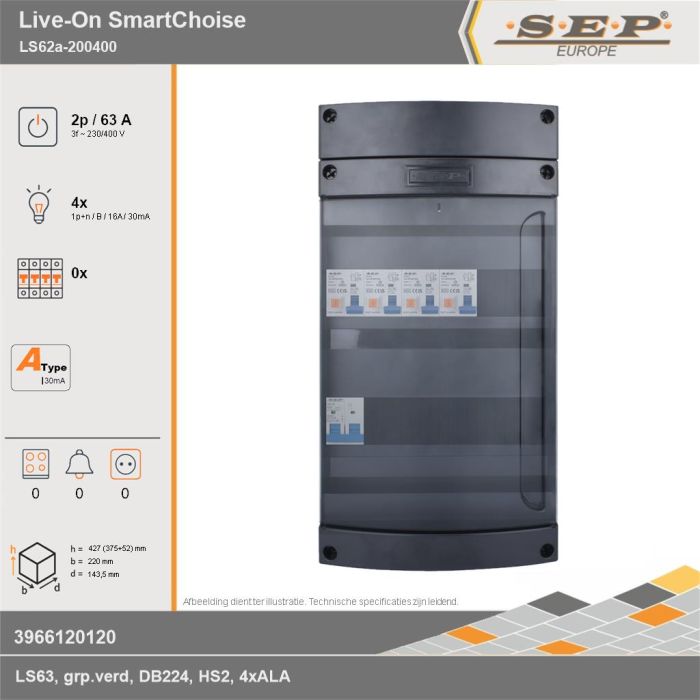 SEP Europe - Live-On SmartChoise, LS62a-200400, 63A, 3-fase groepenkast, 4-lichtgroepen, technische gegevens