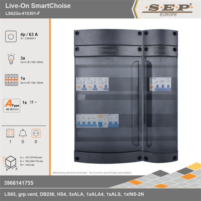 SEP Europe - Live-On SmartChoise, LS622a-410301-F, 63A, 3-fase groepenkast, 3-lichtgroepen, 1-krachtgroepen, 1-fornuisgroep, technische gegevens