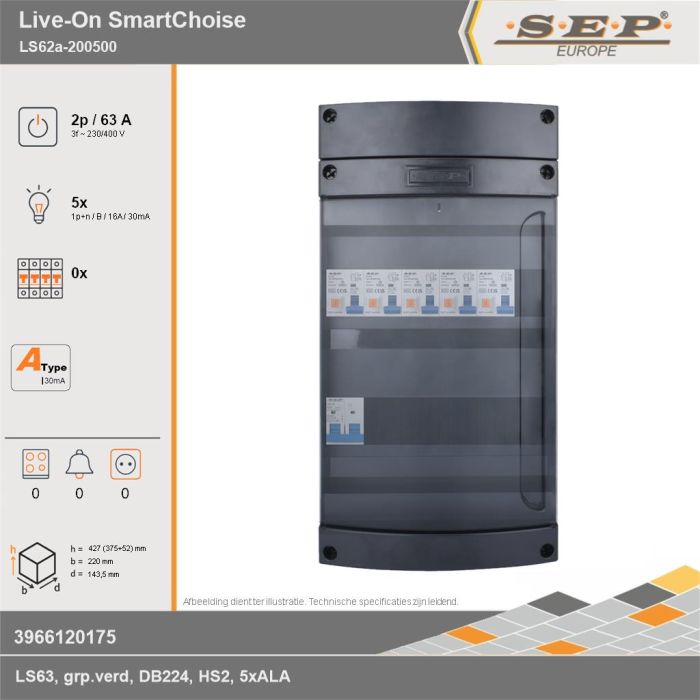 SEP Europe - Live-On SmartChoise, LS62a-200500, 63A, 3-fase groepenkast, 5-lichtgroepen, technische gegevens