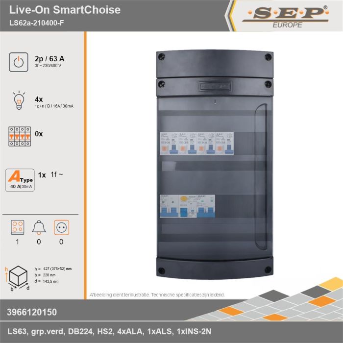 SEP Europe - Live-On SmartChoise, LS62a-210400-F, 63A, 3-fase groepenkast, 4-lichtgroepen, 1-fornuisgroep, technische gegevens