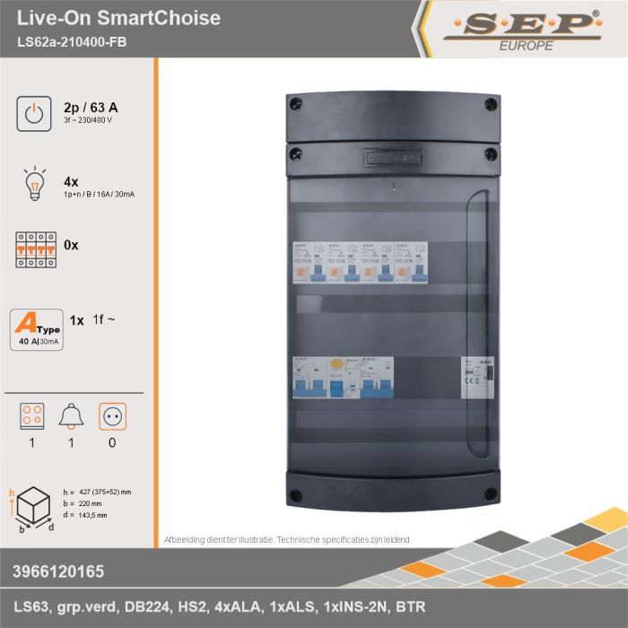 SEP Europe - Live-On SmartChoise, LS62a-210400-FB, 63A, 3-fase groepenkast, 4-lichtgroepen, 1-fornuisgroep, 1-beltrafo, technische gegevens