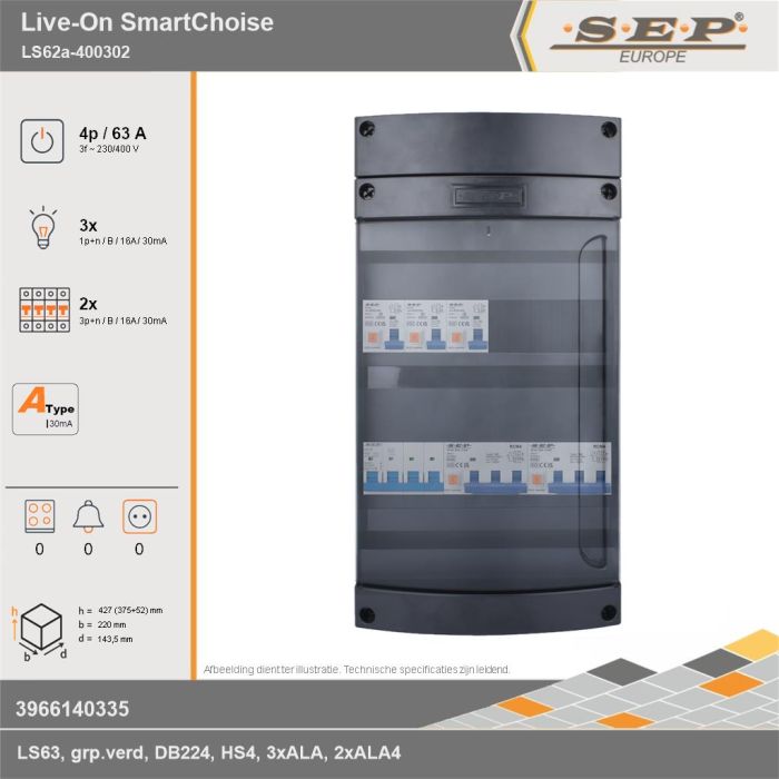 SEP Europe - Live-On SmartChoise, LS62a-400302, 63A, 3-fase groepenkast, 3-lichtgroepen, 2-krachtgroepen, technische gegevens