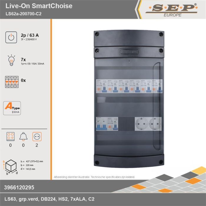 SEP Europe - Live-On SmartChoise, LS62a-200700-C2, 63A, 3-fase groepenkast, 7-lichtgroepen,  2V-contactdoos, technische gegevens
