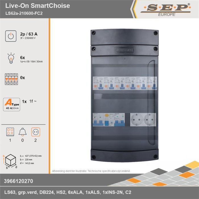 SEP Europe - Live-On SmartChoise, LS62a-210600-FC2, 63A, 3-fase groepenkast, 6-lichtgroepen, 1-fornuisgroep,  2V-contactdoos, technische gegevens