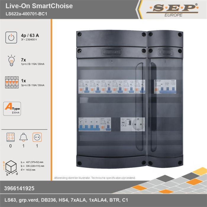 SEP Europe - Live-On SmartChoise, LS622a-400701-BC1, 63A, 3-fase groepenkast, 7-lichtgroepen, 1-krachtgroepen, 1-beltrafo,  1V-contactdoos, technische gegevens