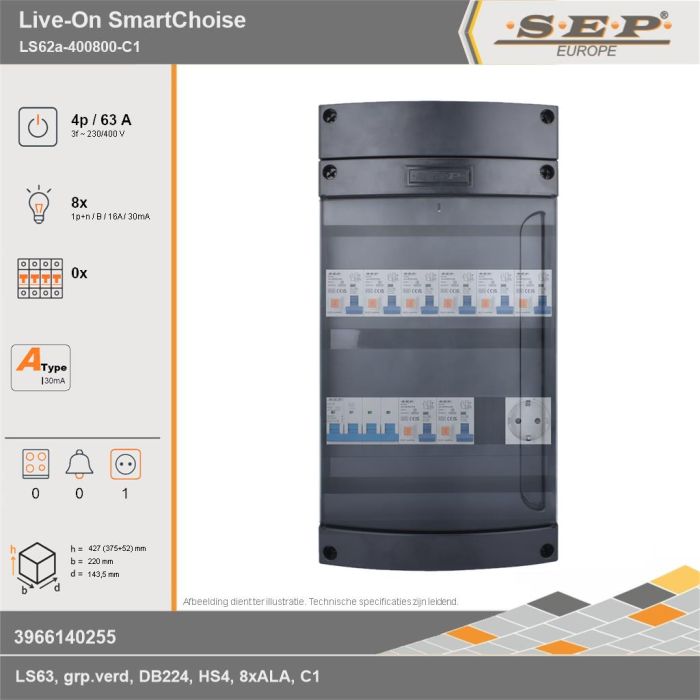 SEP Europe - Live-On SmartChoise, LS62a-400800-C1, 63A, 3-fase groepenkast, 8-lichtgroepen,  1V-contactdoos, technische gegevens