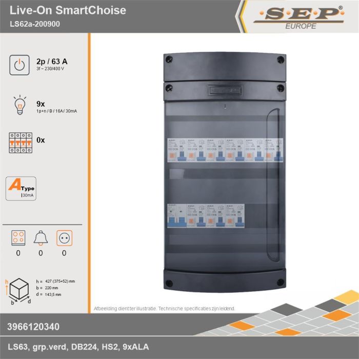 SEP Europe - Live-On SmartChoise, LS62a-200900, 63A, 3-fase groepenkast, 9-lichtgroepen, technische gegevens