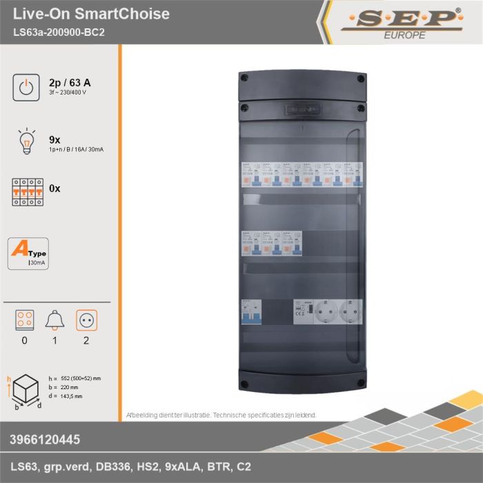 SEP Europe - Live-On SmartChoise, LS63a-200900-BC2, 63A, 3-fase groepenkast, 9-lichtgroepen, 1-beltrafo,  2V-contactdoos, technische gegevens