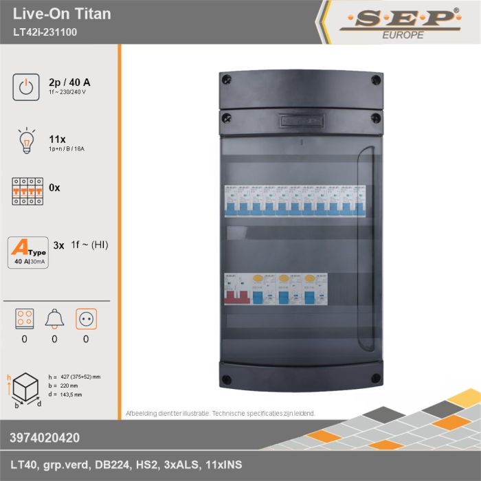 SEP Europe - Live-On Titan, LT42i-231100, 40A, 1-fase groepenkast, 11-lichtgroepen, technische gegevens