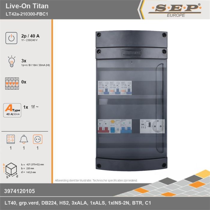 SEP Europe - Live-On Titan, LT42a-210300-FBC1, 40A, 1-fase groepenkast, 3-lichtgroepen, 1-fornuisgroep, 1-beltrafo,  1V-contactdoos, technische gegevens