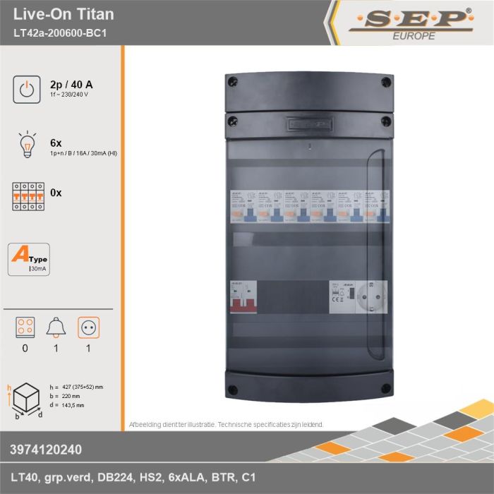 SEP Europe - Live-On Titan, LT42a-200600-BC1, 40A, 1-fase groepenkast, 6-lichtgroepen, 1-beltrafo,  1V-contactdoos, technische gegevens