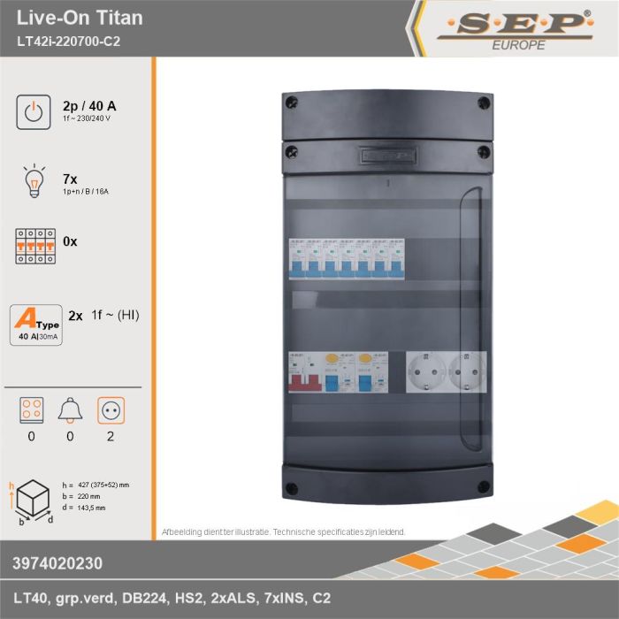 SEP Europe - Live-On Titan, LT42i-220700-C2, 40A, 1-fase groepenkast, 7-lichtgroepen,  2V-contactdoos, technische gegevens