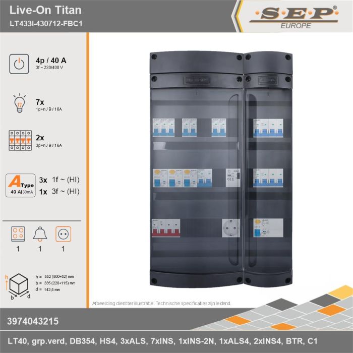 SEP Europe - Live-On Titan, LT433i-430712-FBC1, 40A, 3-fase groepenkast, 7-lichtgroepen, 2-krachtgroepen, 1-fornuisgroep, 1-beltrafo,  1V-contactdoos, technische gegevens