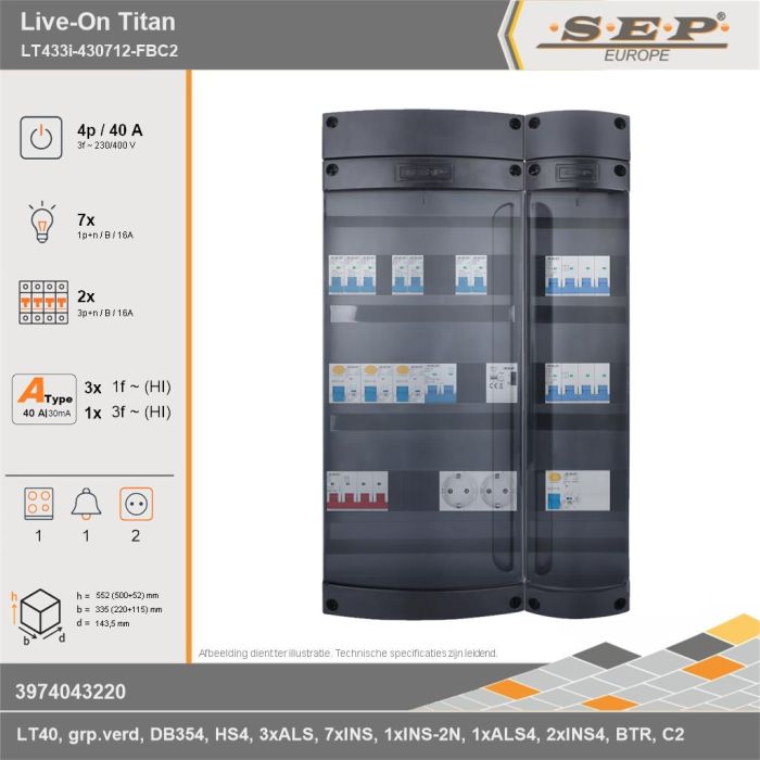 SEP Europe - Live-On Titan, LT433i-430712-FBC2, 40A, 3-fase groepenkast, 7-lichtgroepen, 2-krachtgroepen, 1-fornuisgroep, 1-beltrafo,  2V-contactdoos, technische gegevens