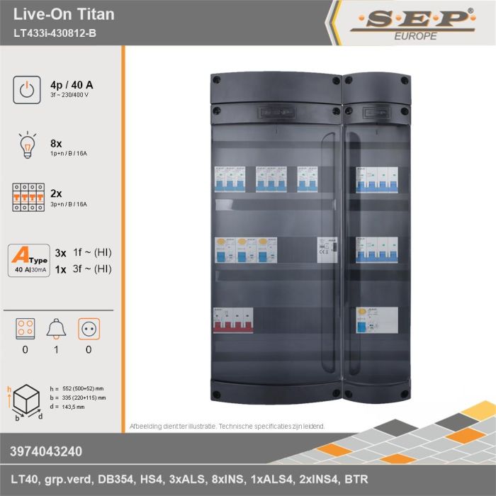 SEP Europe - Live-On Titan, LT433i-430812-B, 40A, 3-fase groepenkast, 8-lichtgroepen, 2-krachtgroepen, 1-beltrafo, technische gegevens