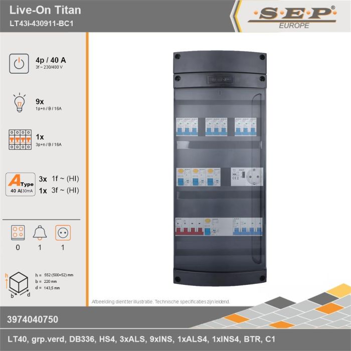 SEP Europe - Live-On Titan, LT43i-430911-BC1, 40A, 3-fase groepenkast, 9-lichtgroepen, 1-krachtgroepen, 1-beltrafo,  1V-contactdoos, technische gegevens