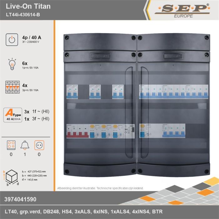 SEP Europe - Live-On Titan, LT44i-430614-B, 40A, 3-fase groepenkast, 6-lichtgroepen, 4-krachtgroepen, 1-beltrafo, technische gegevens