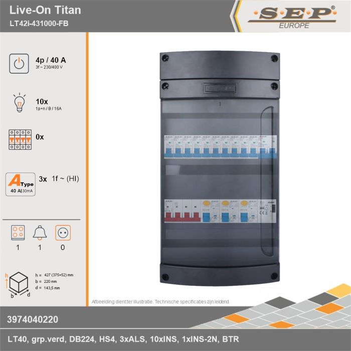 SEP Europe - Live-On Titan, LT42i-431000-FB, 40A, 3-fase groepenkast, 10-lichtgroepen, 1-fornuisgroep, 1-beltrafo, technische gegevens