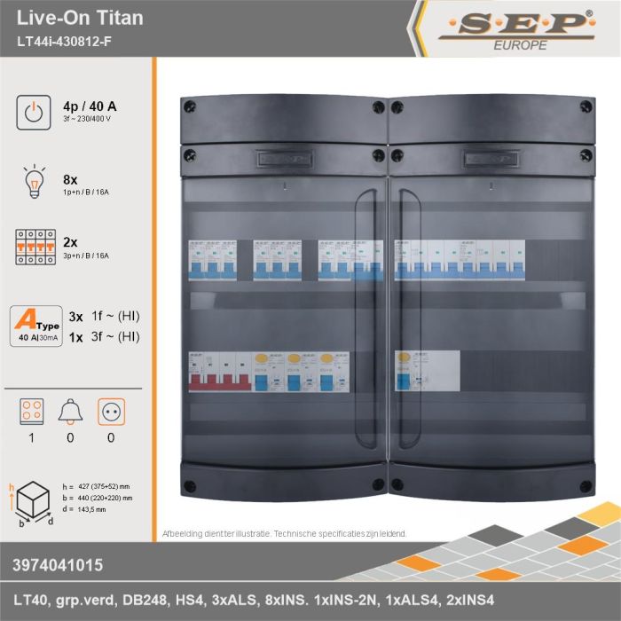 SEP Europe - Live-On Titan, LT44i-430812-F, 40A, 3-fase groepenkast, 8-lichtgroepen, 2-krachtgroepen, 1-fornuisgroep, technische gegevens