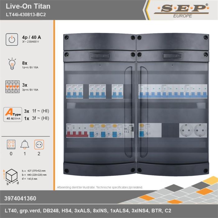 SEP Europe - Live-On Titan, LT44i-430813-BC2, 40A, 3-fase groepenkast, 8-lichtgroepen, 3-krachtgroepen, 1-beltrafo,  2V-contactdoos, technische gegevens