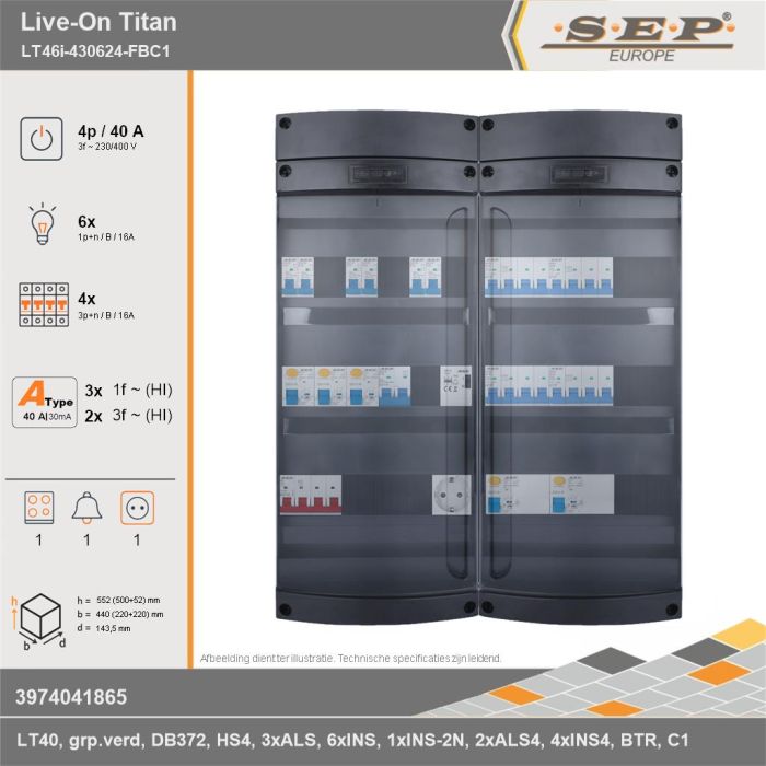 SEP Europe - Live-On Titan, LT46i-430624-FBC1, 40A, 3-fase groepenkast, 6-lichtgroepen, 4-krachtgroepen, 1-fornuisgroep, 1-beltrafo,  1V-contactdoos, technische gegevens