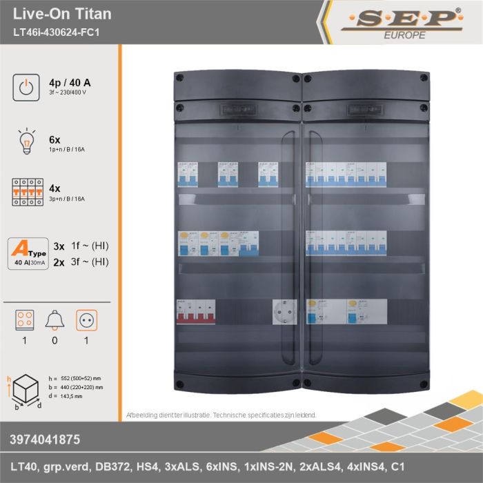 SEP Europe - Live-On Titan, LT46i-430624-FC1, 40A, 3-fase groepenkast, 6-lichtgroepen, 4-krachtgroepen, 1-fornuisgroep,  1V-contactdoos, technische gegevens