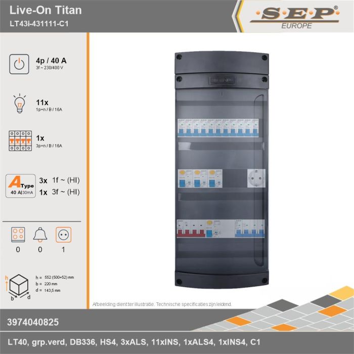 SEP Europe - Live-On Titan, LT43i-431111-C1, 40A, 3-fase groepenkast, 11-lichtgroepen, 1-krachtgroepen,  1V-contactdoos, technische gegevens
