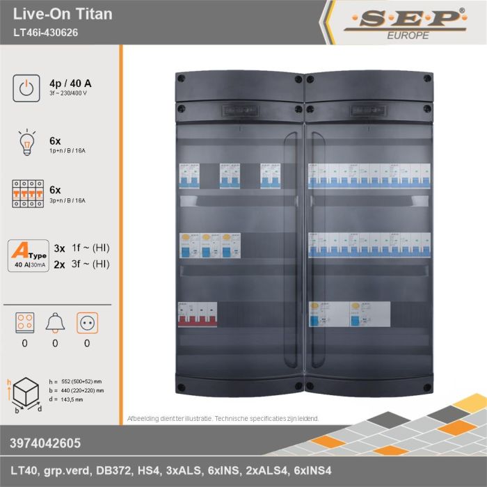 SEP Europe - Live-On Titan, LT46i-430626, 40A, 3-fase groepenkast, 6-lichtgroepen, 6-krachtgroepen, technische gegevens