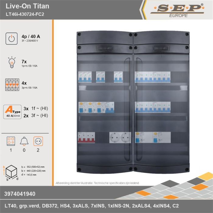 SEP Europe - Live-On Titan, LT46i-430724-FC2, 40A, 3-fase groepenkast, 7-lichtgroepen, 4-krachtgroepen, 1-fornuisgroep,  2V-contactdoos, technische gegevens