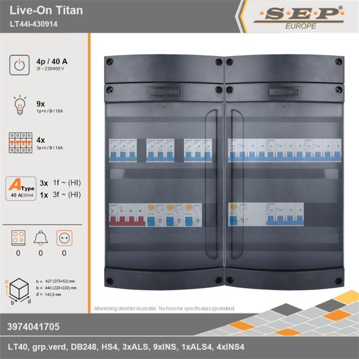 SEP Europe - Live-On Titan, LT44i-430914, 40A, 3-fase groepenkast, 9-lichtgroepen, 4-krachtgroepen, technische gegevens