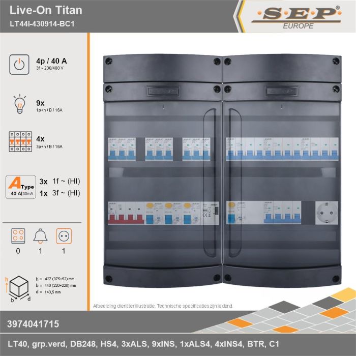 SEP Europe - Live-On Titan, LT44i-430914-BC1, 40A, 3-fase groepenkast, 9-lichtgroepen, 4-krachtgroepen, 1-beltrafo,  1V-contactdoos, technische gegevens
