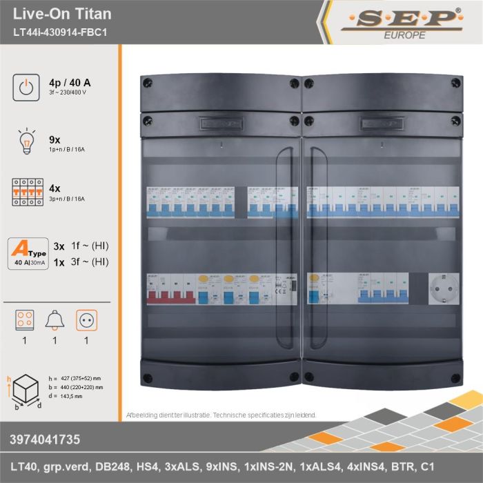 SEP Europe - Live-On Titan, LT44i-430914-FBC1, 40A, 3-fase groepenkast, 9-lichtgroepen, 4-krachtgroepen, 1-fornuisgroep, 1-beltrafo,  1V-contactdoos, technische gegevens