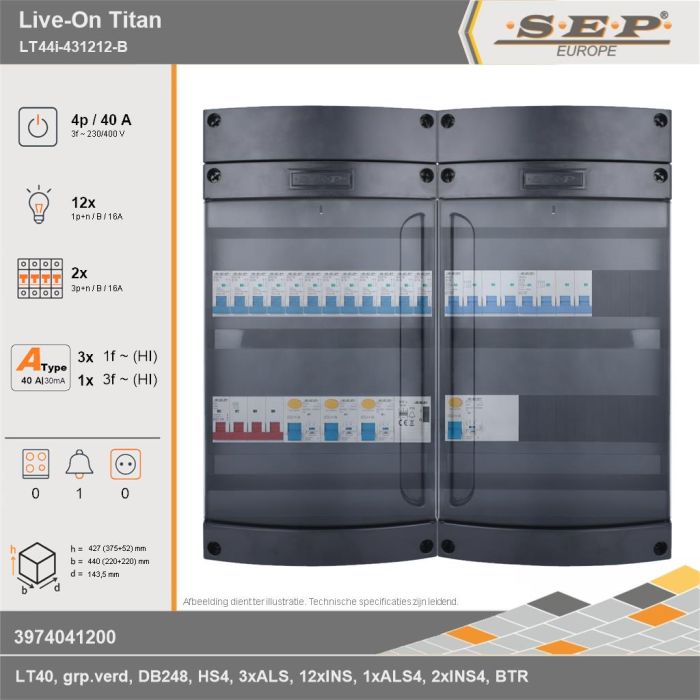 SEP Europe - Live-On Titan, LT44i-431212-B, 40A, 3-fase groepenkast, 12-lichtgroepen, 2-krachtgroepen, 1-beltrafo, technische gegevens