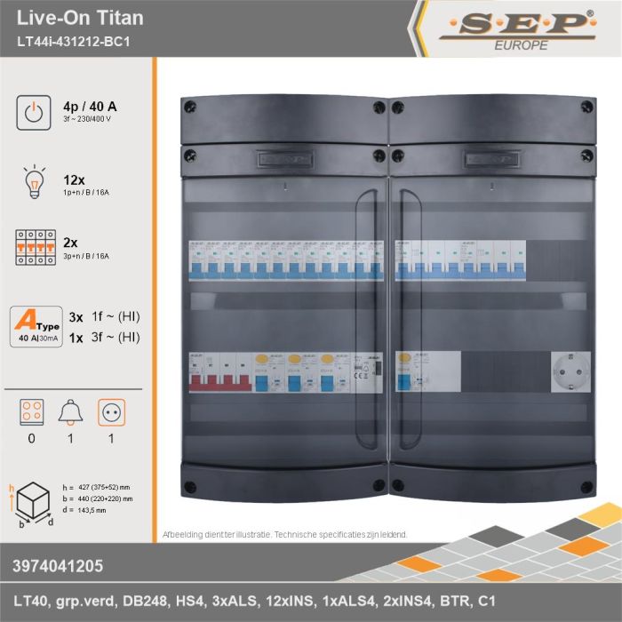 SEP Europe - Live-On Titan, LT44i-431212-BC1, 40A, 3-fase groepenkast, 12-lichtgroepen, 2-krachtgroepen, 1-beltrafo,  1V-contactdoos, technische gegevens