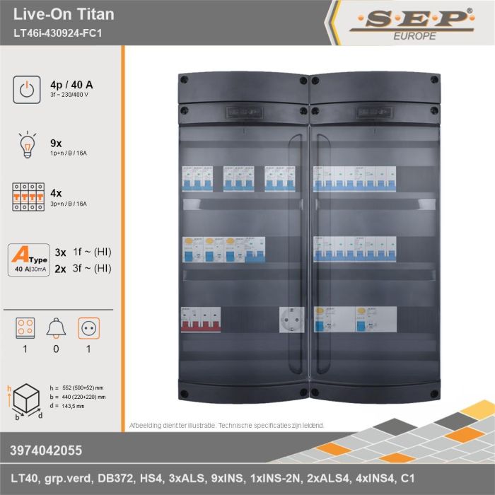 SEP Europe - Live-On Titan, LT46i-430924-FC1, 40A, 3-fase groepenkast, 9-lichtgroepen, 4-krachtgroepen, 1-fornuisgroep,  1V-contactdoos, technische gegevens