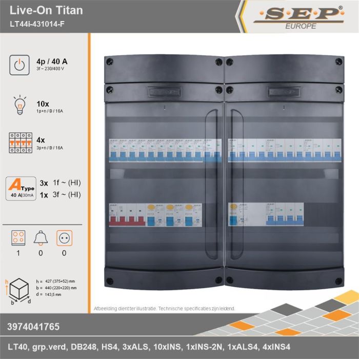 SEP Europe - Live-On Titan, LT44i-431014-F, 40A, 3-fase groepenkast, 10-lichtgroepen, 4-krachtgroepen, 1-fornuisgroep, technische gegevens