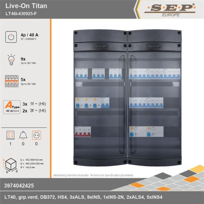 SEP Europe - Live-On Titan, LT46i-430925-F, 40A, 3-fase groepenkast, 9-lichtgroepen, 5-krachtgroepen, 1-fornuisgroep, technische gegevens
