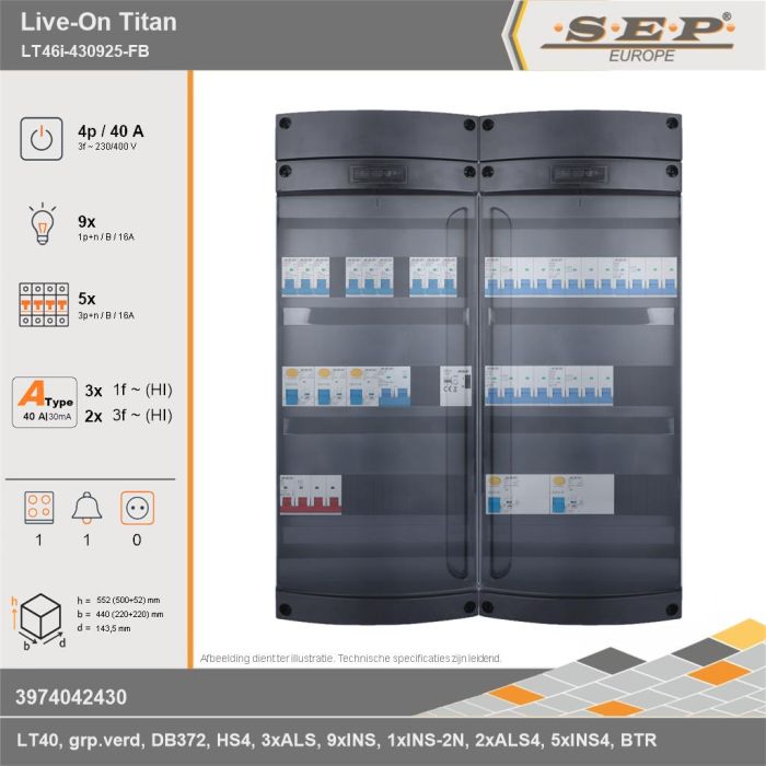 SEP Europe - Live-On Titan, LT46i-430925-FB, 40A, 3-fase groepenkast, 9-lichtgroepen, 5-krachtgroepen, 1-fornuisgroep, 1-beltrafo, technische gegevens