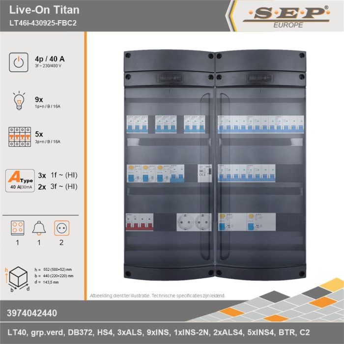 SEP Europe - Live-On Titan, LT46i-430925-FBC2, 40A, 3-fase groepenkast, 9-lichtgroepen, 5-krachtgroepen, 1-fornuisgroep, 1-beltrafo,  2V-contactdoos, technische gegevens