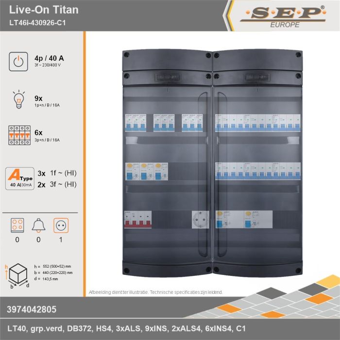 SEP Europe - Live-On Titan, LT46i-430926-C1, 40A, 3-fase groepenkast, 9-lichtgroepen, 6-krachtgroepen,  1V-contactdoos, technische gegevens
