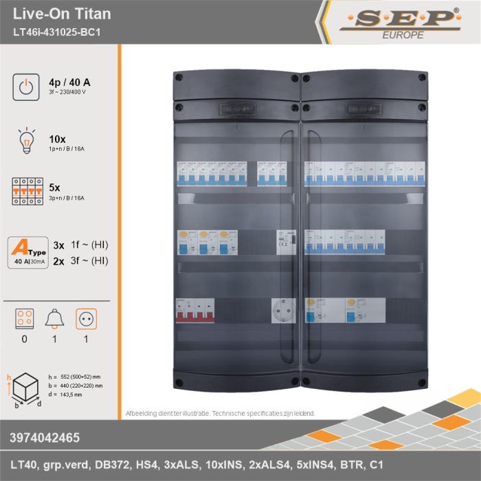 SEP Europe - Live-On Titan, LT46i-431025-BC1, 40A, 3-fase groepenkast, 10-lichtgroepen, 5-krachtgroepen, 1-beltrafo,  1V-contactdoos, technische gegevens
