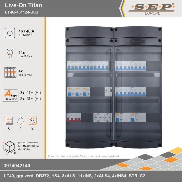 SEP Europe - Live-On Titan, LT46i-431124-BC2, 40A, 3-fase groepenkast, 11-lichtgroepen, 4-krachtgroepen, 1-beltrafo,  2V-contactdoos, technische gegevens
