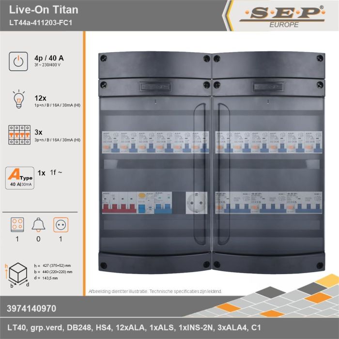 SEP Europe - Live-On Titan, LT44a-411203-FC1, 40A, 3-fase groepenkast, 12-lichtgroepen, 3-krachtgroepen, 1-fornuisgroep,  1V-contactdoos, technische gegevens