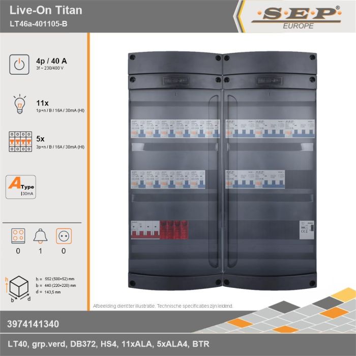 SEP Europe - Live-On Titan, LT46a-401105-B, 40A, 3-fase groepenkast, 11-lichtgroepen, 5-krachtgroepen, 1-beltrafo, technische gegevens