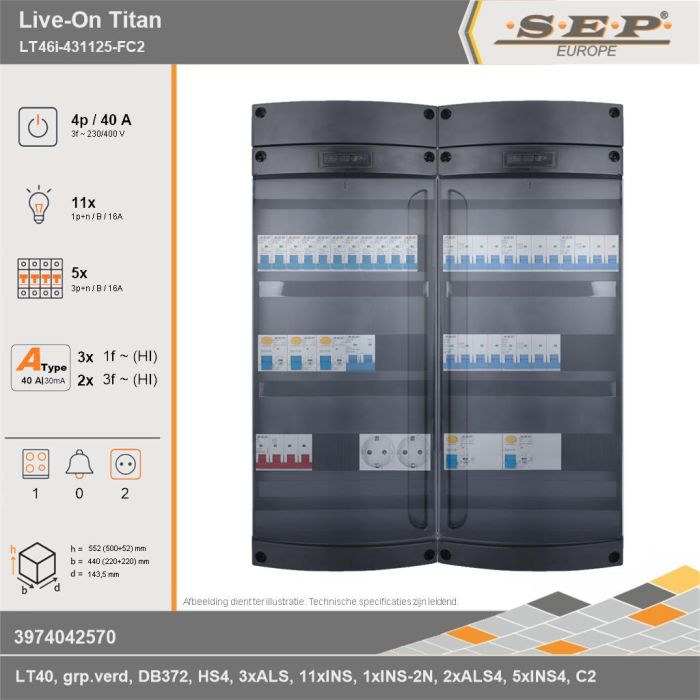 SEP Europe - Live-On Titan, LT46i-431125-FC2, 40A, 3-fase groepenkast, 11-lichtgroepen, 5-krachtgroepen, 1-fornuisgroep,  2V-contactdoos, technische gegevens