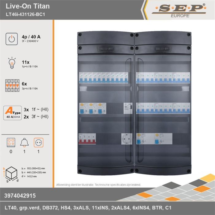 SEP Europe - Live-On Titan, LT46i-431126-BC1, 40A, 3-fase groepenkast, 11-lichtgroepen, 6-krachtgroepen, 1-beltrafo,  1V-contactdoos, technische gegevens