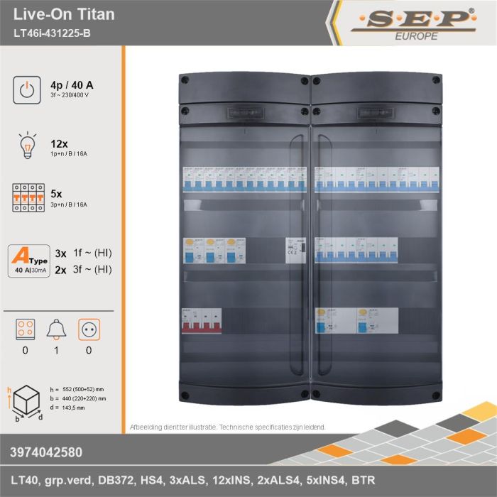 SEP Europe - Live-On Titan, LT46i-431225-B, 40A, 3-fase groepenkast, 12-lichtgroepen, 5-krachtgroepen, 1-beltrafo, technische gegevens