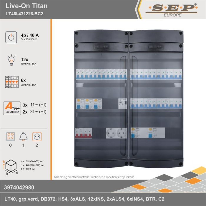 SEP Europe - Live-On Titan, LT46i-431226-BC2, 40A, 3-fase groepenkast, 12-lichtgroepen, 6-krachtgroepen, 1-beltrafo,  2V-contactdoos, technische gegevens